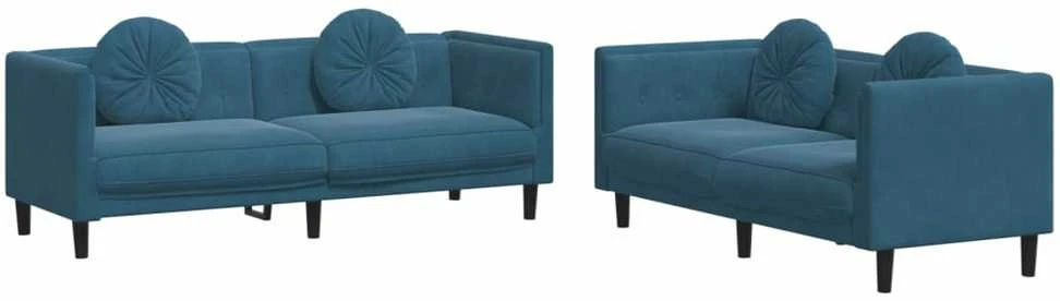 Sofa Sofos komplektas su pagalvėmis, 2 dalių, mėlynas, aksomas