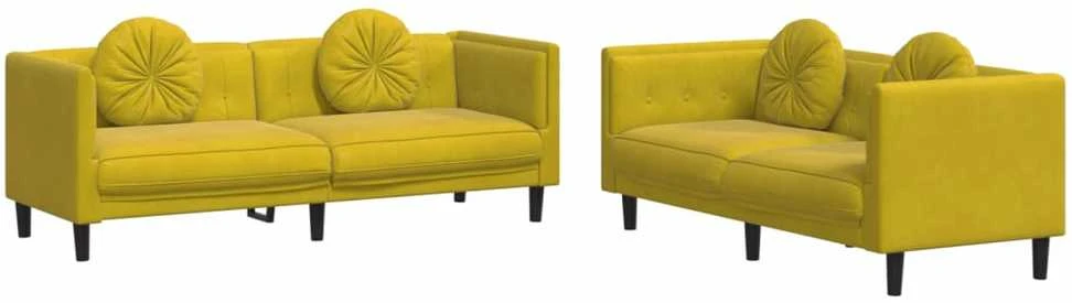 Sofa Sofos komplektas su pagalvėmis, 2 dalių, geltonas, aksomas