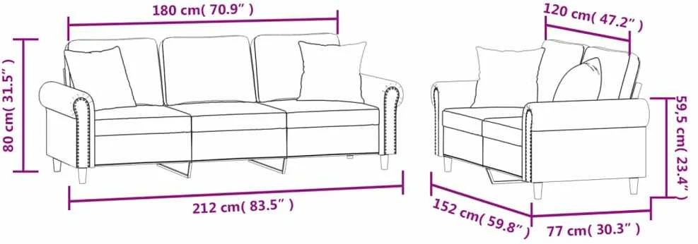 Sofa Sofos komplektas su pagalvėmis, 2 dalių, pilkas, aksomas