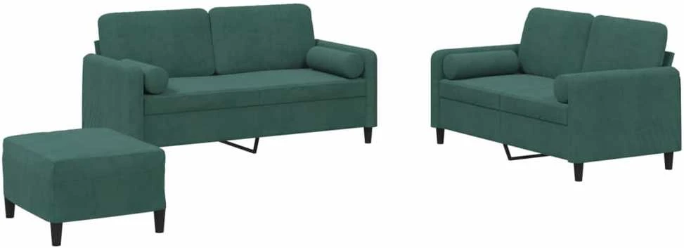 Sofa Sofos komplektas su pagalvėmis, 3 dalių, žalias, aksomas