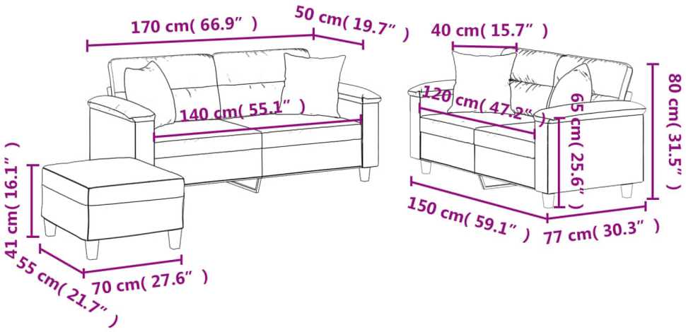 Sofa Sofos komplektas su pagalvėmis, 3 dalių, kapučino, dirbtinė oda