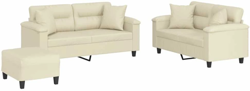 Sofa Sofos komplektas su pagalvėmis, 3 dalių, kreminis, dirbtinė oda