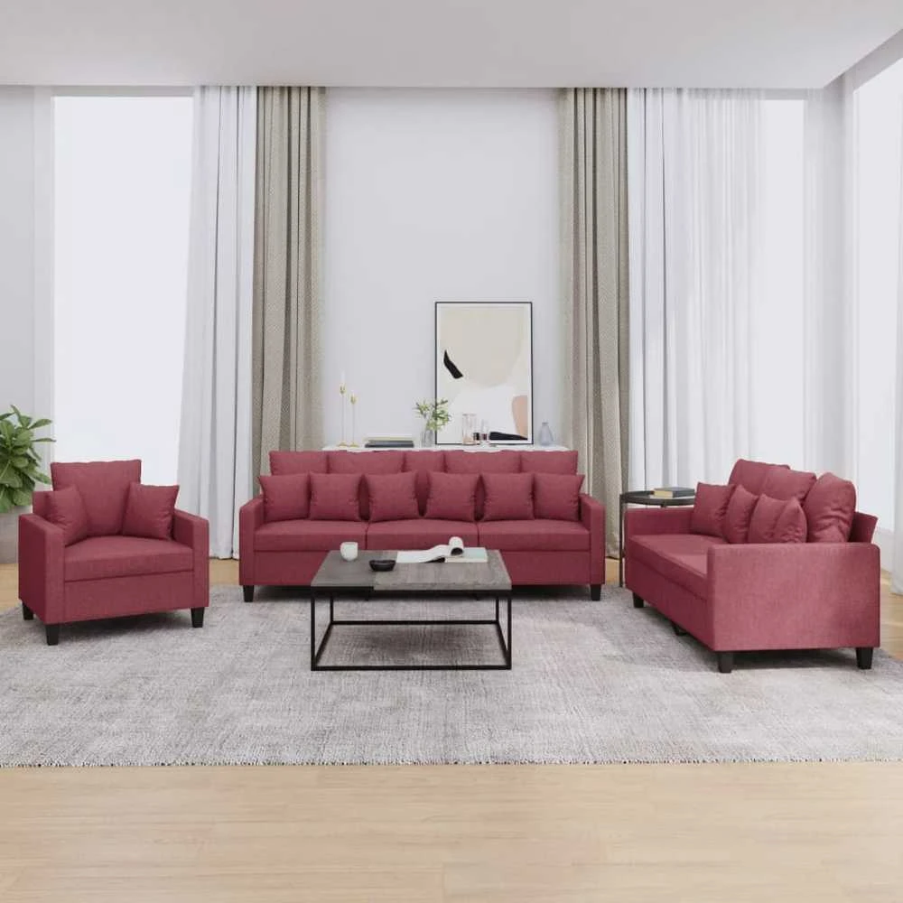 Sofa Sofos komplektas su pagalvėmis, 3 dalių, vyno, audinys