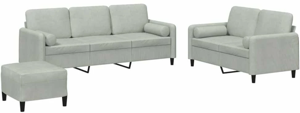 Sofa Sofos komplektas su pagalvėmis, 3 dalių, pilkas, aksomas