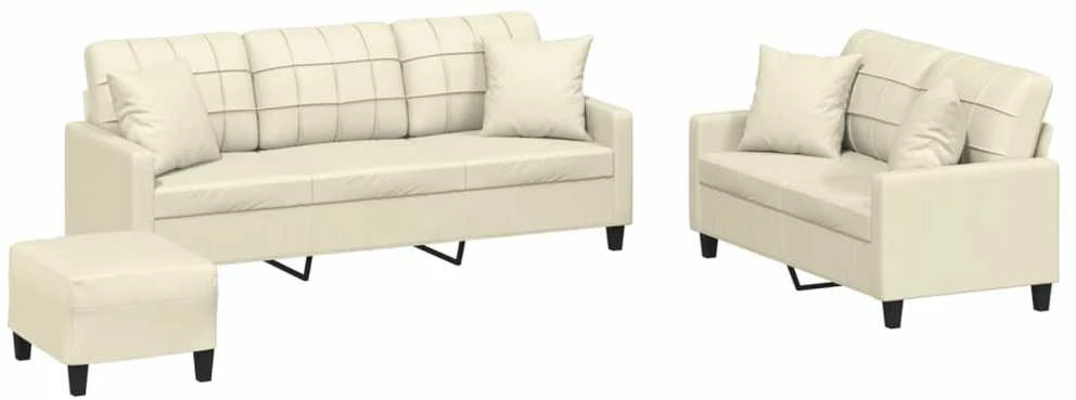 Sofa Sofos komplektas su pagalvėmis, 3 dalių, kreminis, dirbtinė oda