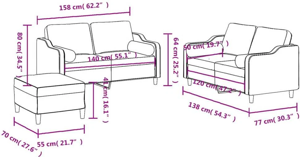 Sofa Sofos komplektas su pagalvėmis, 3 dalių, pilkas, audinys