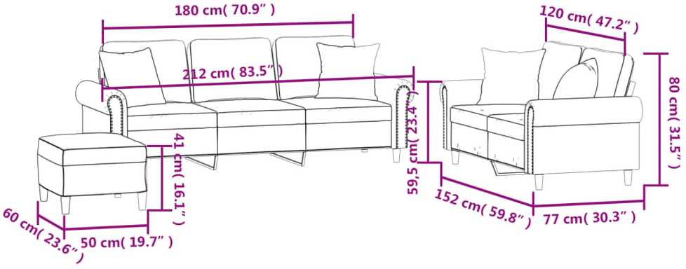 Sofa Sofos komplektas su pagalvėmis, 3 dalių, rudas, aksomas