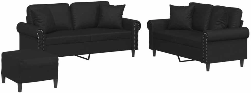 Sofa Sofos komplektas su pagalvėmis, 3 dalių, juodas, dirbtinė oda