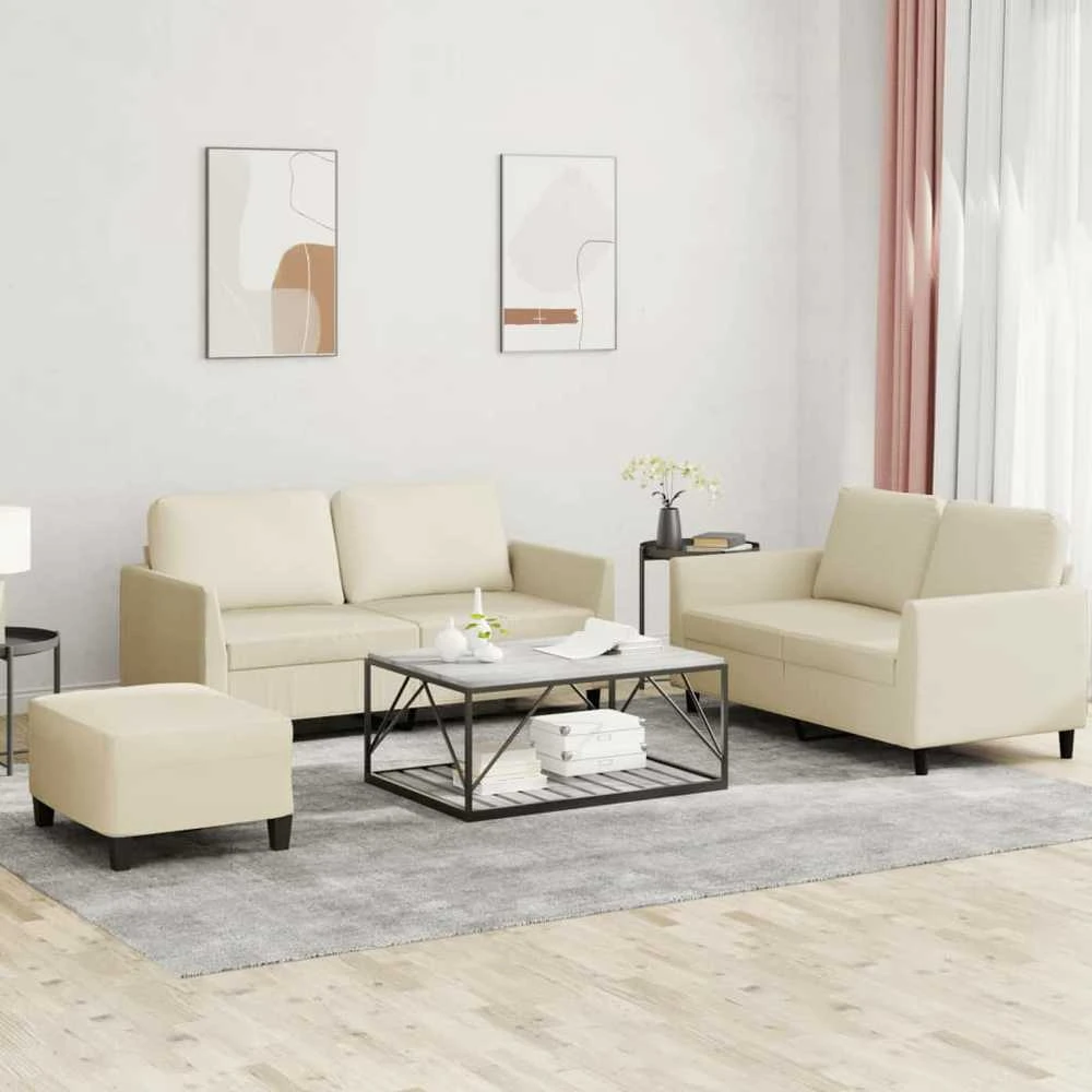 Sofa Sofos komplektas su pagalvėmis, 3 dalių, kreminis, dirbtinė oda
