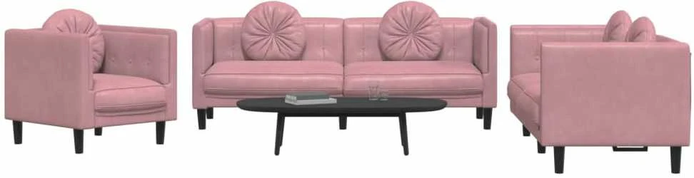 Sofa Sofos komplektas su pagalvėmis, 3 dalių, rožinis, aksomas