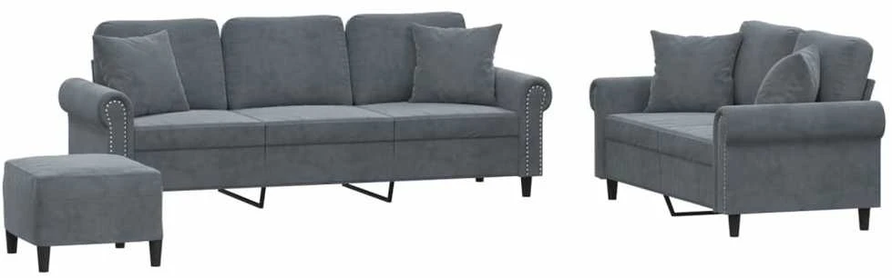 Sofa Sofos komplektas su pagalvėmis, 3 dalių, pilkas, aksomas