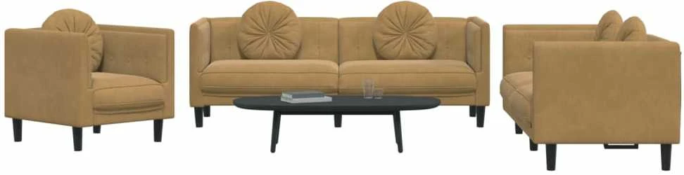 Sofa Sofos komplektas su pagalvėmis, 3 dalių, rudas, aksomas