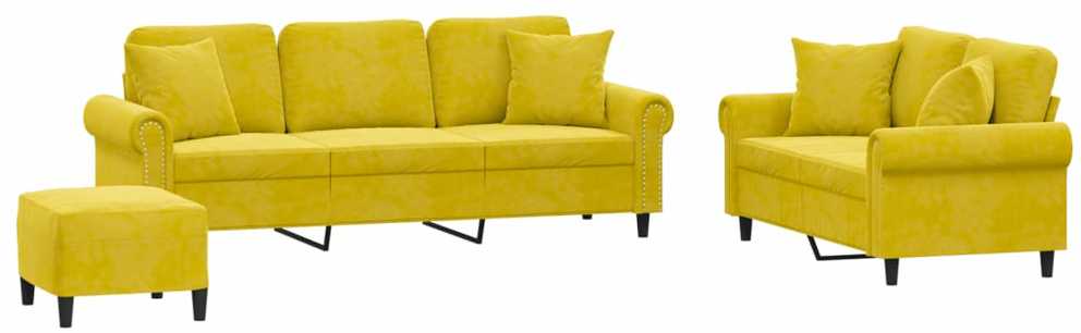 Sofa Sofos komplektas su pagalvėmis, 3 dalių, geltonas, aksomas