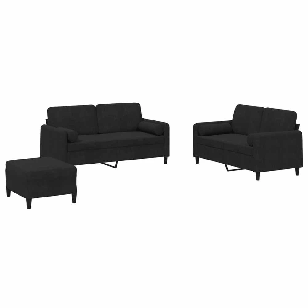Sofa Sofos komplektas su pagalvėmis, 3 dalių, juodas, aksomas