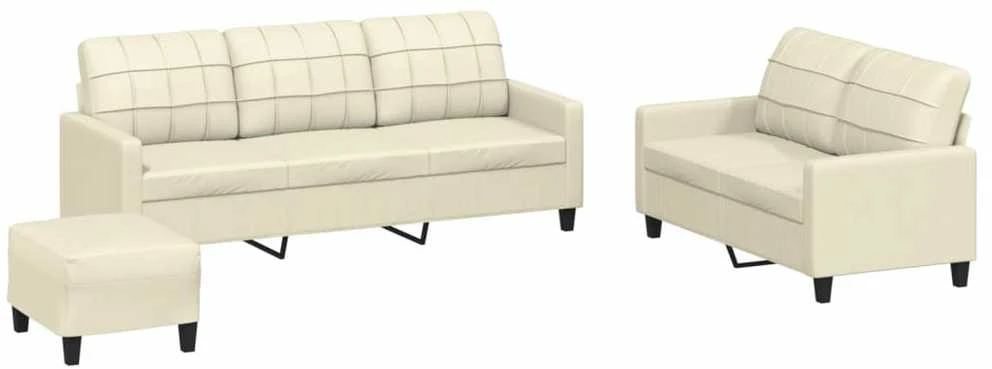 Sofa Sofos komplektas su pagalvėmis, 3 dalių, kreminis, dirbtinė oda