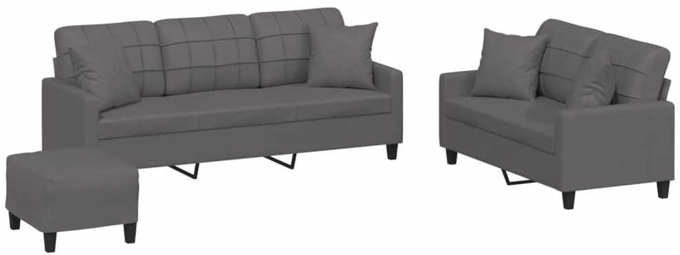Sofa Sofos komplektas su pagalvėmis, 3 dalių, pilkas, dirbtinė oda