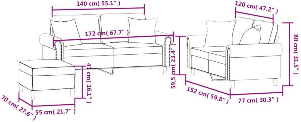 Sofa Sofos komplektas su pagalvėmis, 3 dalių, pilkas, aksomas