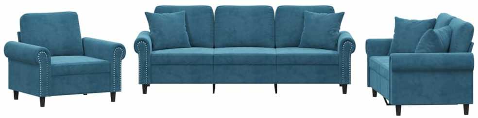 Sofa Sofos komplektas su pagalvėmis, 3 dalių, mėlynas, aksomas