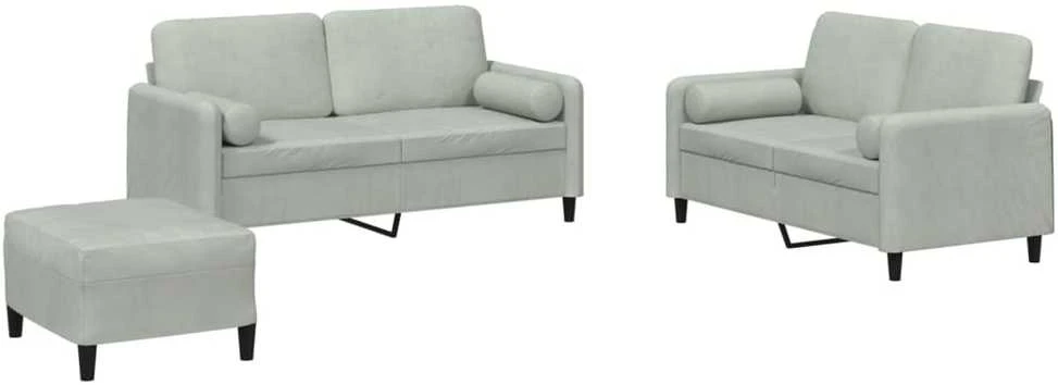 Sofa Sofos komplektas su pagalvėmis, 3 dalių, pilkas, aksomas