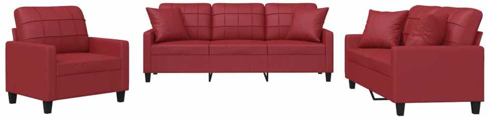 Sofa Sofos komplektas su pagalvėmis, 3 dalių, vyno, dirbtinė oda