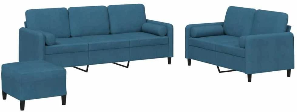 Sofa Sofos komplektas su pagalvėmis, 3 dalių, mėlynas, aksomas