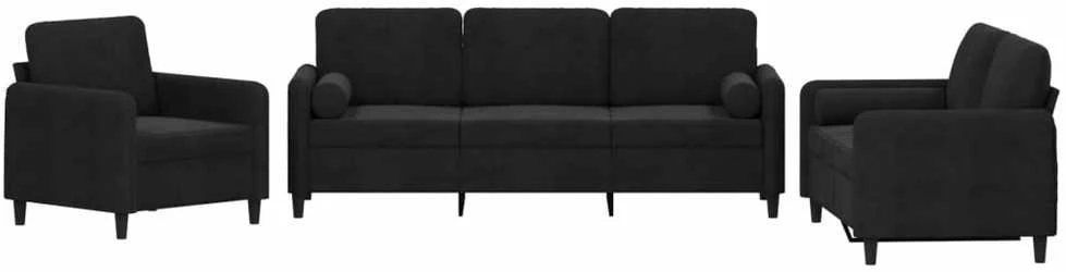 Sofa Sofos komplektas su pagalvėmis, 3 dalių, juodas, aksomas