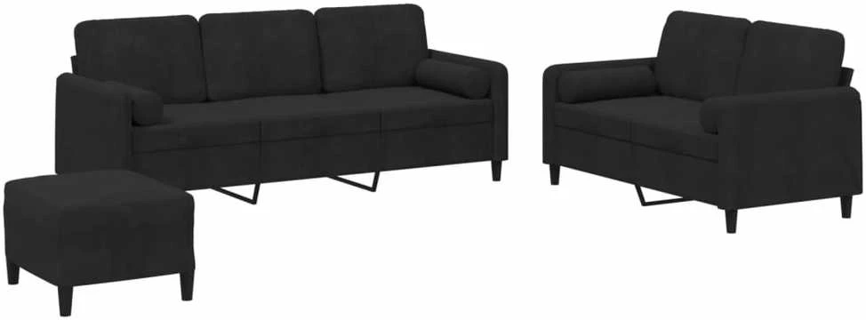 Sofa Sofos komplektas su pagalvėmis, 3 dalių, juodas, aksomas