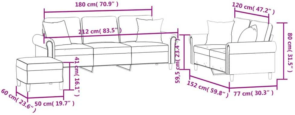 Sofa Sofos komplektas su pagalvėmis, 3 dalių, pilkas, aksomas