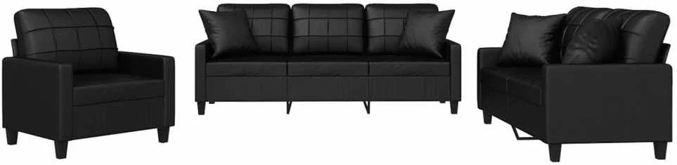 Sofa Sofos komplektas su pagalvėmis, 3 dalių, juodas, dirbtinė oda