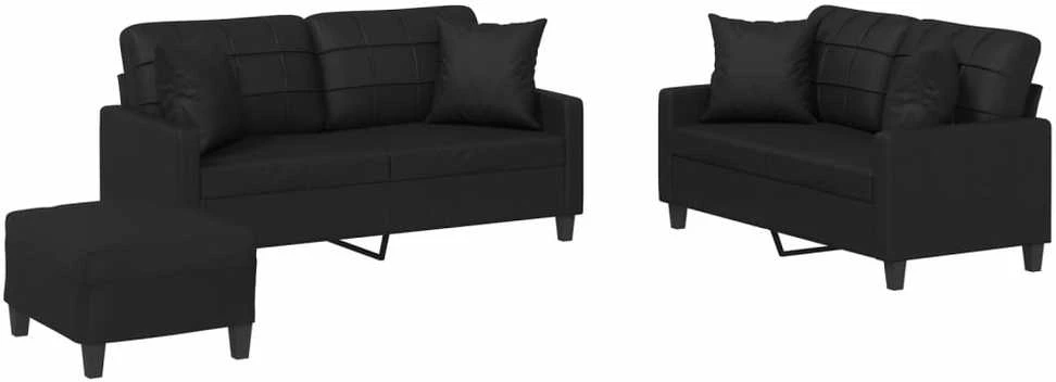 Sofa Sofos komplektas su pagalvėmis, 3 dalių, juodas, dirbtinė oda