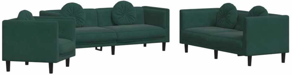 Sofa Sofos komplektas su pagalvėmis, 3 dalių, žalias, aksomas