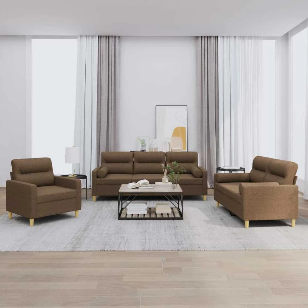 Sofa Sofos komplektas su pagalvėmis, 3 dalių, rudas, audinys