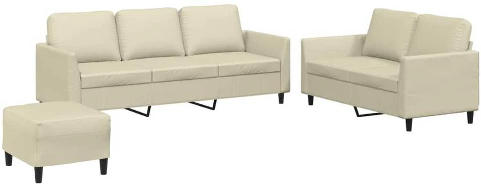 Sofa Sofos komplektas su pagalvėmis, 3 dalių, kreminis, dirbtinė oda