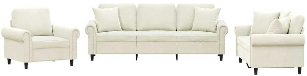 Sofa Sofos komplektas su pagalvėmis, 3 dalių, kreminis, aksomas