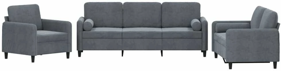 Sofa Sofos komplektas su pagalvėmis, 3 dalių, pilkas, aksomas