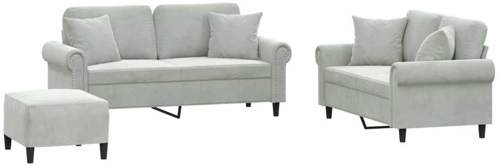 Sofa Sofos komplektas su pagalvėmis, 3 dalių, pilkas, aksomas