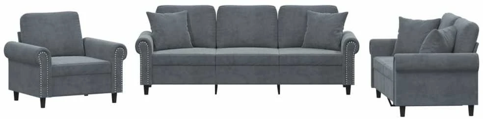 Sofa Sofos komplektas su pagalvėmis, 3 dalių, pilkas, aksomas