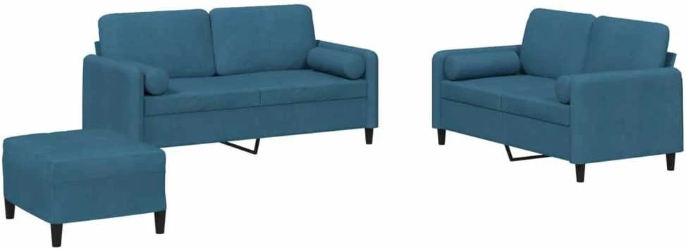 Sofa Sofos komplektas su pagalvėmis, 3 dalių, mėlynas, aksomas