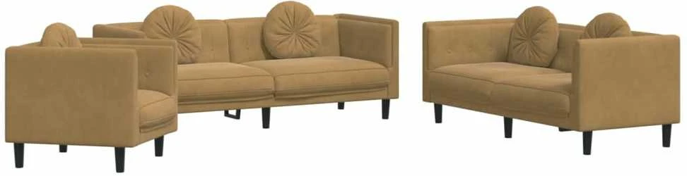 Sofa Sofos komplektas su pagalvėmis, 3 dalių, rudas, aksomas