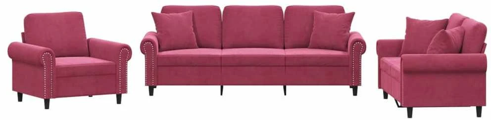 Sofa Sofos komplektas su pagalvėmis, 3 dalių, vyno, aksomas