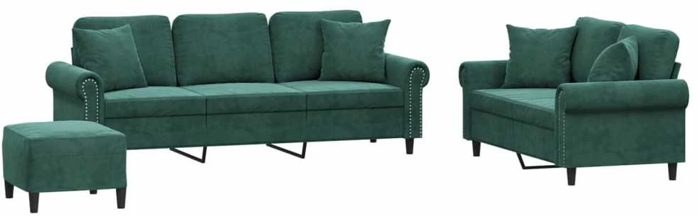 Sofa Sofos komplektas su pagalvėmis, 3 dalių, žalias, aksomas