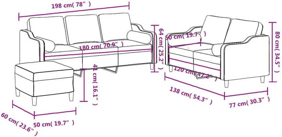 Sofa Sofos komplektas su pagalvėmis, 3 dalių, kreminis, audinys