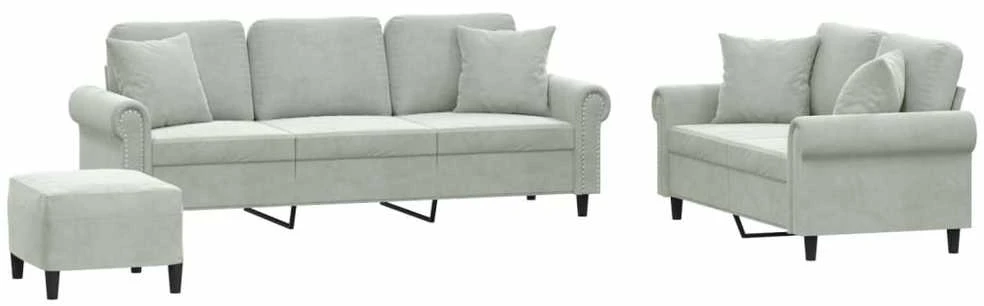 Sofa Sofos komplektas su pagalvėmis, 3 dalių, pilkas, aksomas