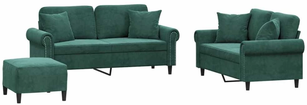 Sofa Sofos komplektas su pagalvėmis, 3 dalių, žalias, aksomas