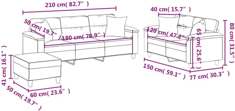 Sofa Sofos komplektas su pagalvėmis, 3 dalių, smėlio, audinys