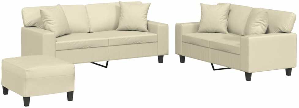 Sofa Sofos komplektas su pagalvėmis, 3 dalių, kreminis, dirbtinė oda