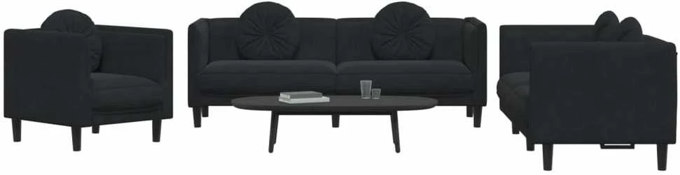 Sofa Sofos komplektas su pagalvėmis, 3 dalių, juodas, aksomas