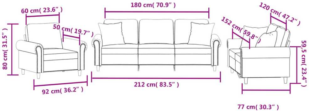 Sofa Sofos komplektas su pagalvėmis, 3 dalių, mėlynas, aksomas