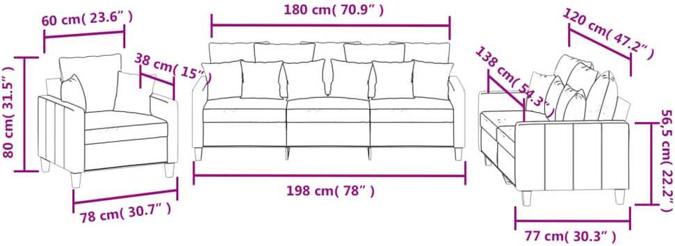 Sofa Sofos komplektas su pagalvėmis, 3 dalių, kreminis, audinys