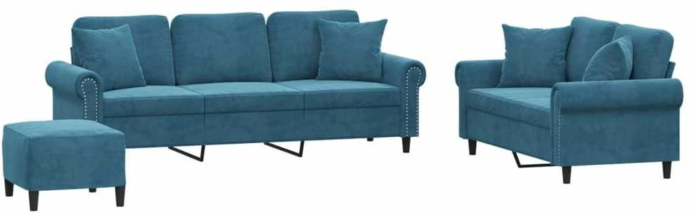 Sofa Sofos komplektas su pagalvėmis, 3 dalių, mėlynas, aksomas
